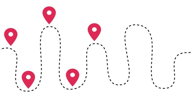 Dotted route path connecting multiple location pins in a smooth curved pattern on light background. Minimal motion graphic representing navigation, travel routes, delivery tracking, location mapping.