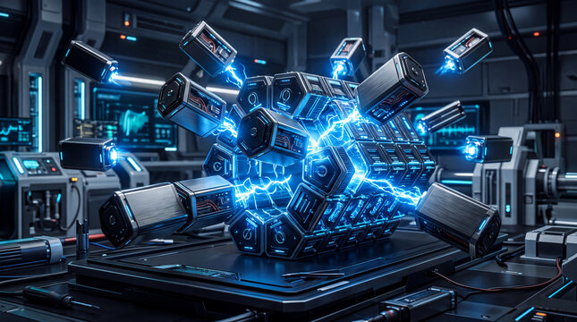 Futuristic modular battery system emitting electric blue energy in a high-tech laboratory setting