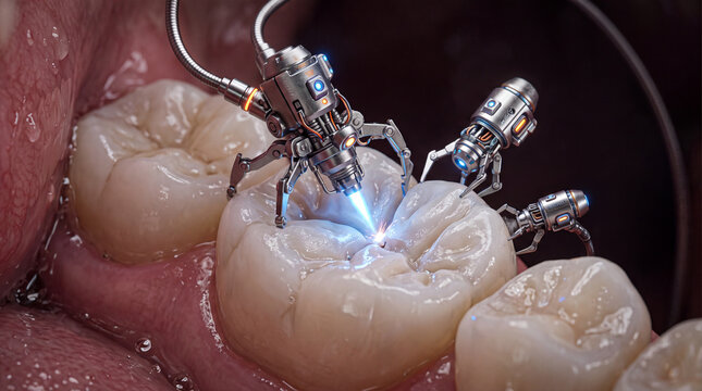 Futuristic dental technology with robotic tools precisely treating a tooth with laser, highlighting intricate details of the procedure