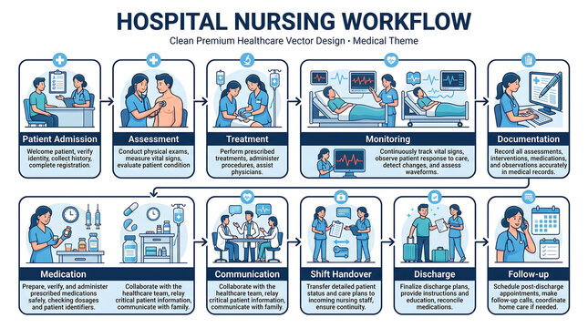 Hospital Nursing Workflow Infographic, Medical Theme Vector Set: Patient Admission, Assessment, Treatment, Monitoring, Documentation, Medication, Communication, Shift Handover, Discharge