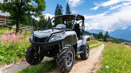 Fototapeta premium Front view of a gray utility task vehicle, UTV vehicle, off-road machine, outdoor recreation, rugged terrain, utility vehicle, adventure travel, with copy space