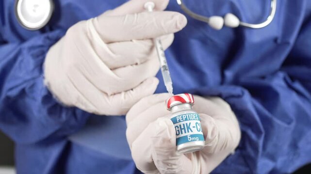 Gloved medical professional in blue scrubs draws GHK-C peptide solution from a labeled vial with a syringe, useful for topics on injections, hormone therapy, and modern healthcare.