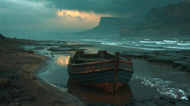 Weathered wooden boat at low tide on a misty coast