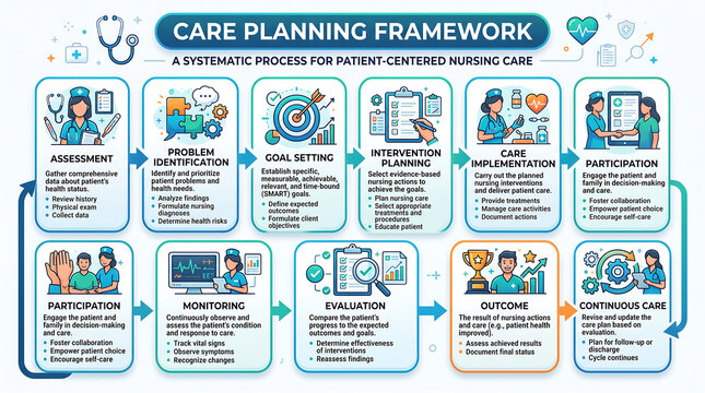 Care Planning Framework Infographic, Patient-Centered Nursing Process, Healthcare Workflow, Medical Assessment, Goal Setting, Intervention, Implementation, Evaluation, Continuous Care