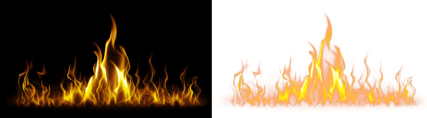 Fototapeta premium Bright Orange Fire Line With a Large Central Flame, White Hot Core and Realistic Heat Glow on Transparent Background