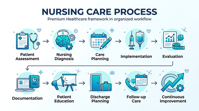Nursing Care Process Infographic, Healthcare Workflow Diagram, Medical Steps Flowchart, Patient Journey Stages