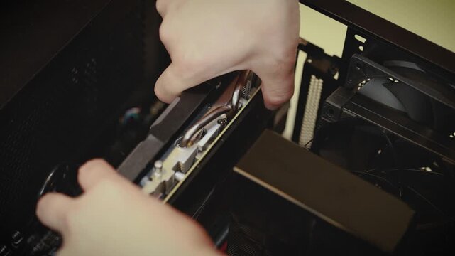 A close-up of a person's hand inserting or removing a RAM stick or expansion card into a desktop computer motherboard.