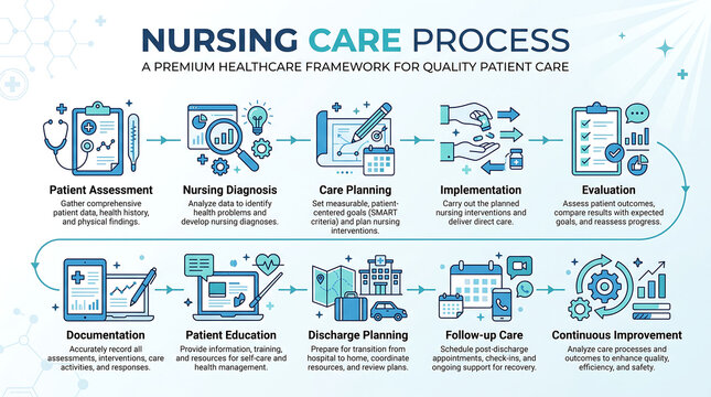 Nursing Care Process Infographic, Healthcare Framework, Patient Assessment to Continuous Improvement, Medical Workflow, Quality Care Steps