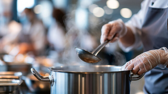 Steam rises from a large cooking pot as a female chef prepares school meals in a bright sanitary kitchen, cafeteria staff, healthy lunch, institutional cooking, clean uniform, food safety,