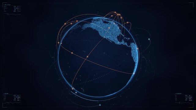 futuristic loopable animation of Planet Earth shows, global network of interconnected data points and complex orbital trajectories, global transfer
