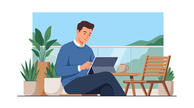 Young male professional working on tablet at home balcony with plants and mountain view flat vector illustration