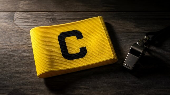 Yellow Captain Armband and Referee Whistle on Dark Wooden Background.