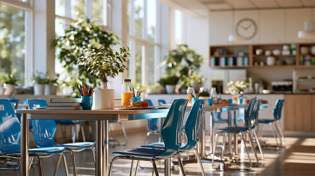 Neatly aligned tables and empty seats create a bright modern school cafeteria ready for lunchtime, clean interior, canteen design, educational facility, orderly dining room, practical
