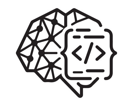 Brain icon showing a digital network structure integrated with coding brackets symbolizes the intersection of artificial intelligence and software.
