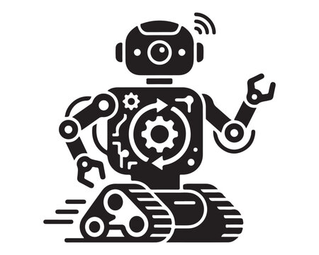 Robot assistant icon showcases a central gear mechanism with tread base textures and bold shapes signifying high efficiency in automation.