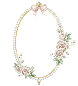 Watercolor rose frame with golden border, pearl beads and pastel flowers. Floral Template for wedding invitations, stationery, branding and feminine projects. Botanical backdrop for greeting cards.