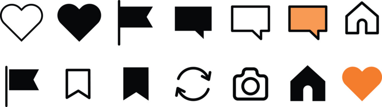High Quality Social Media UI Vector Illustration Set Featuring Heart, Comment, Bookmark, Flag, Home, and Camera Symbols