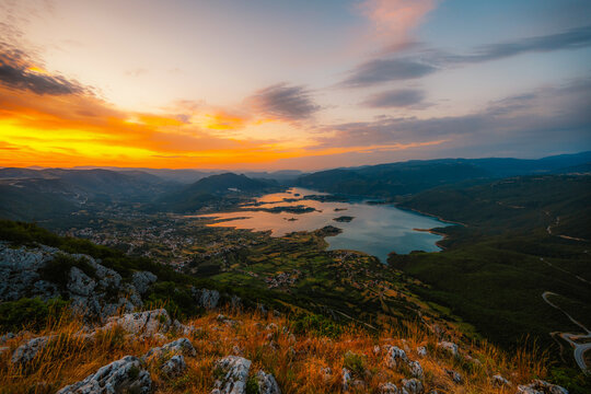 Ramsko Lake (Ramsko jezero) with its unique islands and peninsulas from the Zahum viewpoint, Bosnia and Herzegovina.