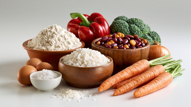 Fortified staple foods with enriched flour rice iodized salt eggs beans and vegetables showcasing micronutrient nutrition and malnutrition prevention