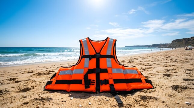Orange life vest lies on sandy beach under bright sun