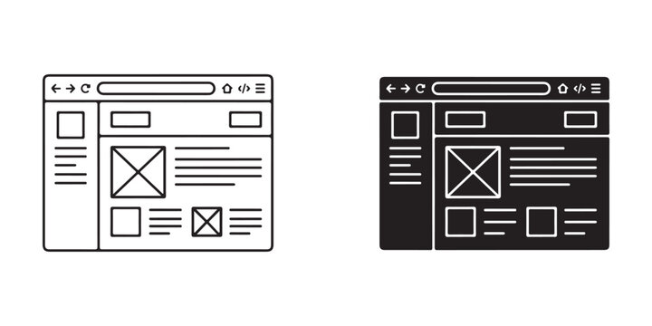 Wireframe illustrations of web browser windows showing website layout designs with transparent background