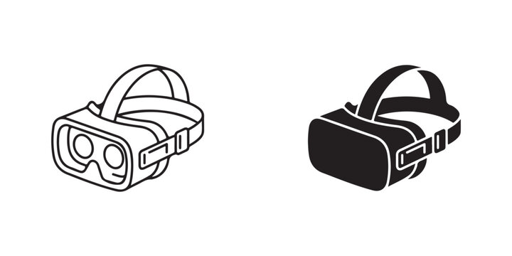 Virtual reality headset icons in simple line art and solid black silhouette styles isolated on transparent background
