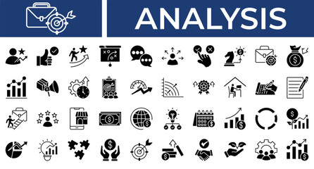 Fototapeta premium Analysis icon set collection. Containing operation, transfer, networking, write, performance, planning, survey .Solid vector icons collection