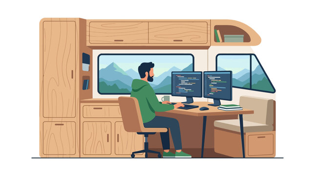 Professional male developer coding on dual monitors inside a modern camper van with scenic mountain views flat vector illustration