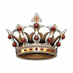 Ornate majestic gold royal crown decorated with precious red jewels and fleur de lis details © daeng