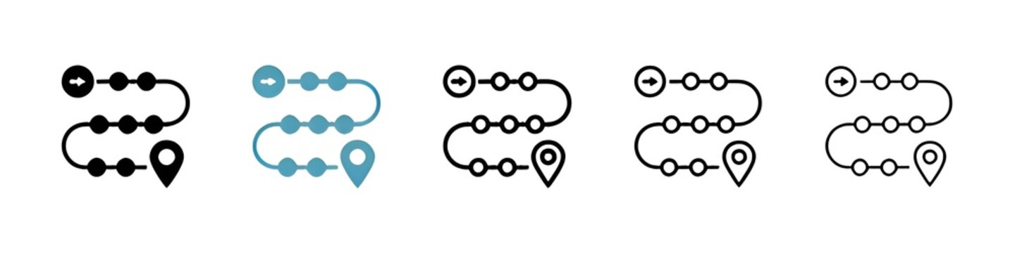 Route Map Vector Icon Set. Pathway Chart Vector Symbol for UI Design. Thin line customizable illustration. Contour symbol. Vector isolated outline drawing. Editable stroke