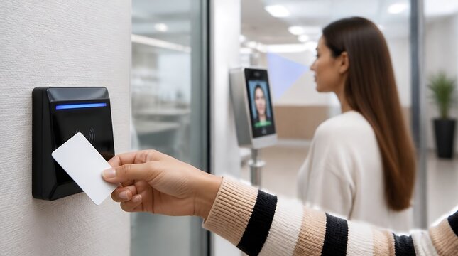 Woman using facial recognition and key card for secure office building access.