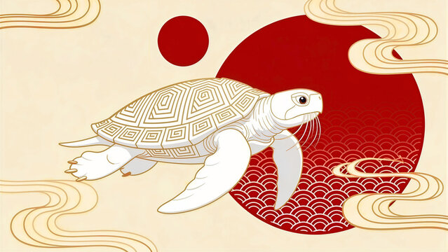 Stylized white sea turtle swimming across a traditional Japanese background. Artistic illustration featuring geometric shell patterns and red sun motifs. Oriental heritage design for cultural art.
