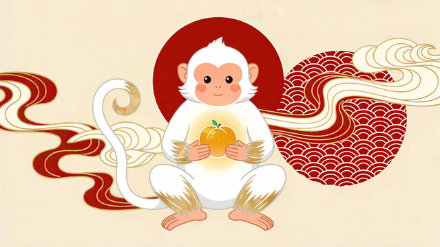White monkey holding a peach in traditional Japanese illustration style. Cute animal mascot with red sun and golden wave patterns. Lunar zodiac concept for New Year greetings and cultural designs.