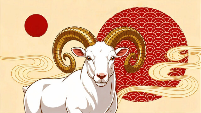 White ram illustration with large curved horns against a traditional Asian background. Lunar New Year goat zodiac featuring red sun and golden cloud motifs. Oriental design for cultural celebrations.