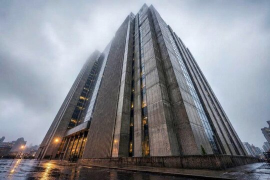 Modern building stands tall under cloudy sky in urban setting during rainy day