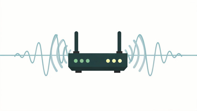 Wireless router emitting signal waves on white background. Modern flat vector illustration of networking hardware and data transmission. Connectivity concept for internet and broadband services.