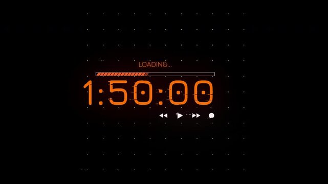 Digital countdown timer with glowing orange numbers and playback controls on black background.