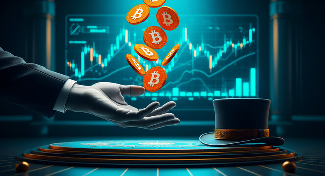 Hand catching falling Bitcoin coins over a financial chart background. Magician hat on stage represents crypto market tricks. Digital finance concept for trading and fintech marketing.