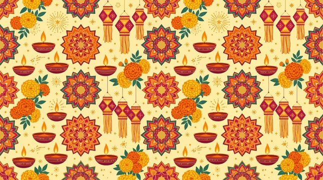 Seamless Diwali pattern featuring clay diyas, mandala flower motifs, marigold blossoms, hanging paper lanterns, and sparkle stars in warm festive colors for background design.