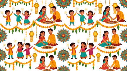Fototapeta premium Seamless Diwali pattern of Indian families lighting diyas and holding sparklers, decorated with mandala motifs, marigold garlands, and hanging lanterns on dark blue background.