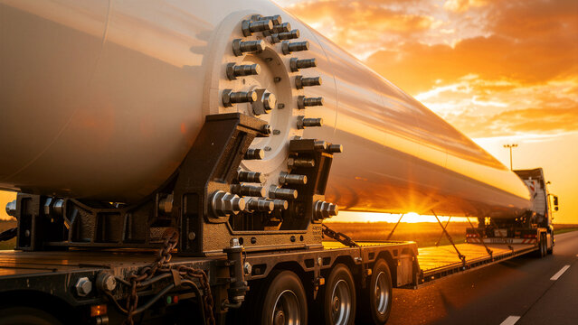 Heavy truck transporting a massive industrial wind turbine blade. Large cargo component on a flatbed trailer during a golden sunset. Clean energy logistics and infrastructure concept.