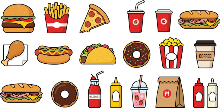 Colorful Concession Stand Graphics Bundle with Footlong Hotdogs Glazed Chocolate Donuts Salted Popcorn Submarines and Mustard Squeeze Bottles for Drive In Theater Menus