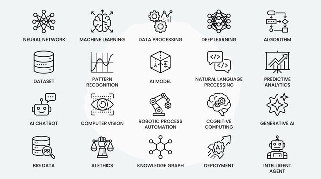 Artificial intelligence and data science technology vector icon set featuring machine learning neural networks robotics and intelligent system design elements.