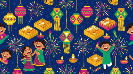 Fototapeta premium Seamless Diwali pattern of Indian families lighting diyas and holding sparklers, decorated with mandala motifs, marigold garlands, and hanging lanterns on dark blue background.