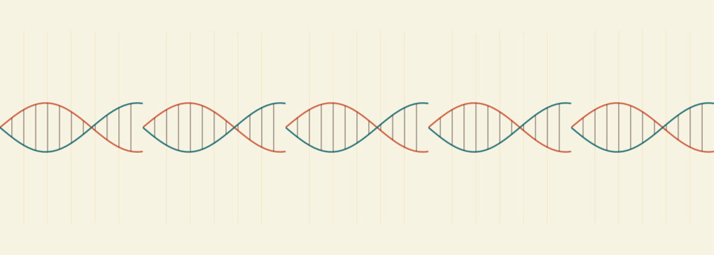 A repeating pattern of stylized red and green dna double helix structures