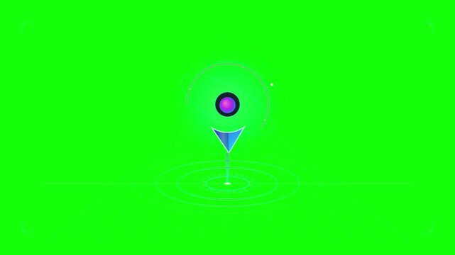 Futuristic neon GPS location pin icon with glowing concentric circles and grid lines on green screen background