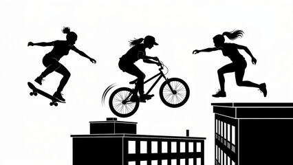 Fototapeta premium Silhouettes of women performing skateboarding, BMX, and parkour on rooftops. Minimalist vector of female athletes in motion. Urban sports concept for youth culture and marketing campaigns.