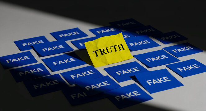 Yellow sticky note with "TRUTH" surrounded by blue notes with "FAKE". Misinformation and fact-checking concept. News integrity theme, ideal for media literacy campaigns.