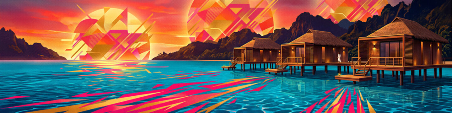 Abstract tropical resort with overwater bungalows at sunset. Geometric patterns and mountain landscape over turquoise water. Luxury travel concept for tourism and background design.
