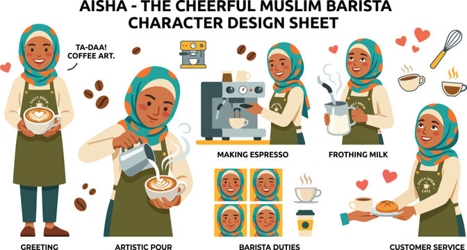 Aisha The Cheerful Muslim Barista Character Design Sheet Illustration